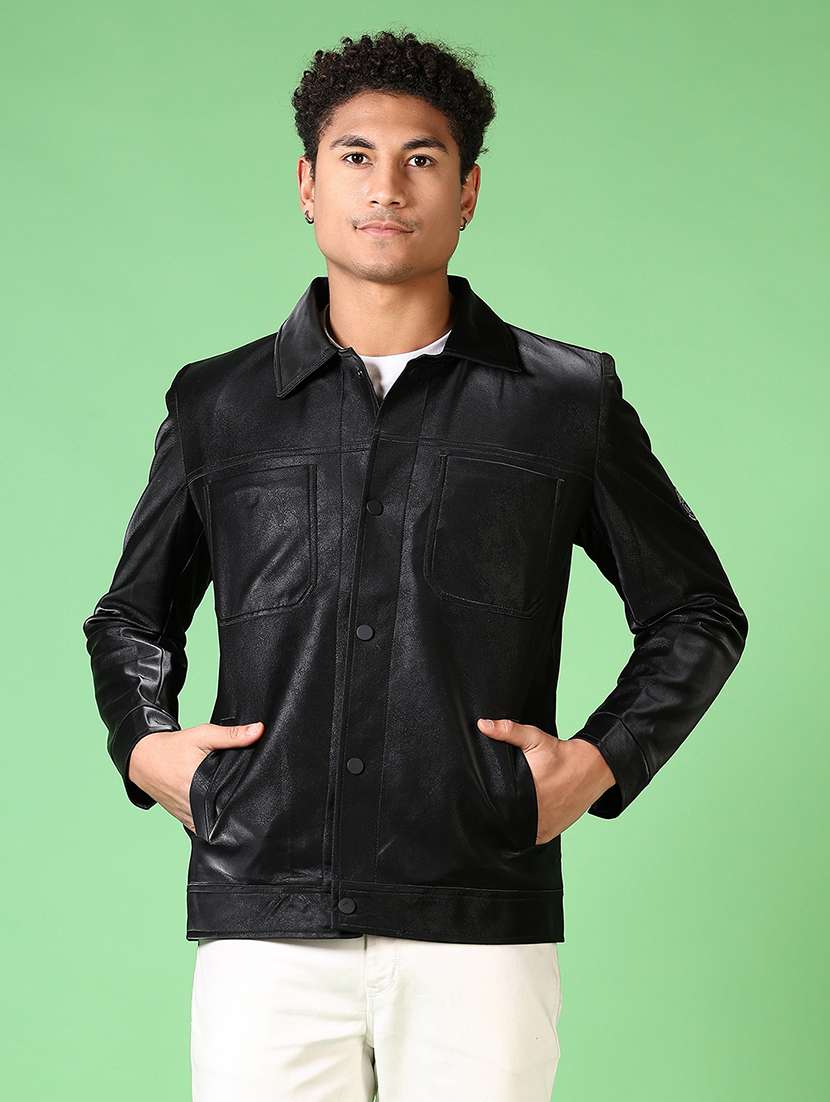men black solid long sleeve shacket