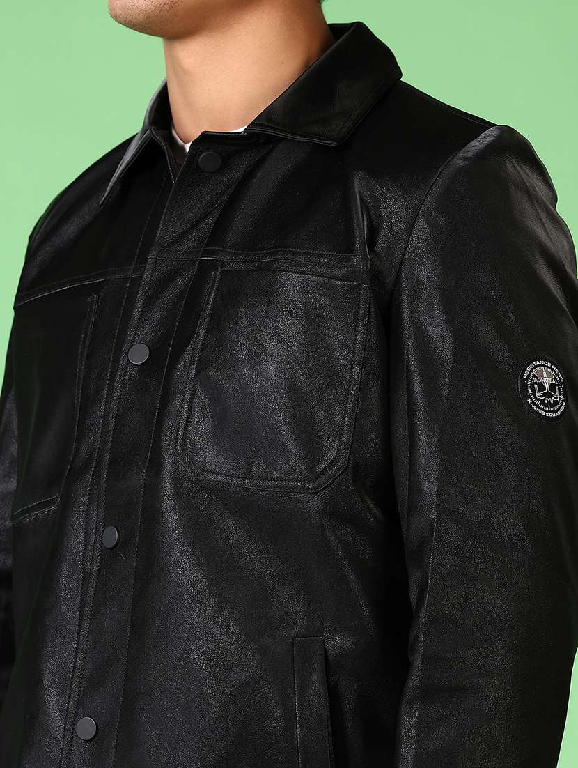 men black solid long sleeve shacket - 21593427 -  Standard Image - 5