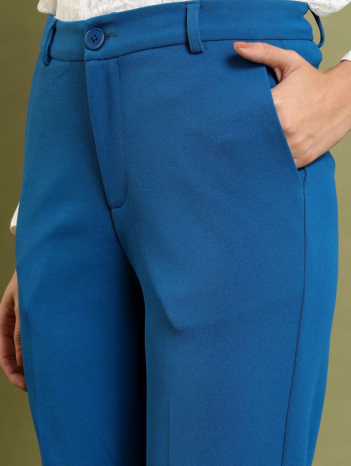 women blue solid tailored pant - 21596409 -  Standard Image - 5