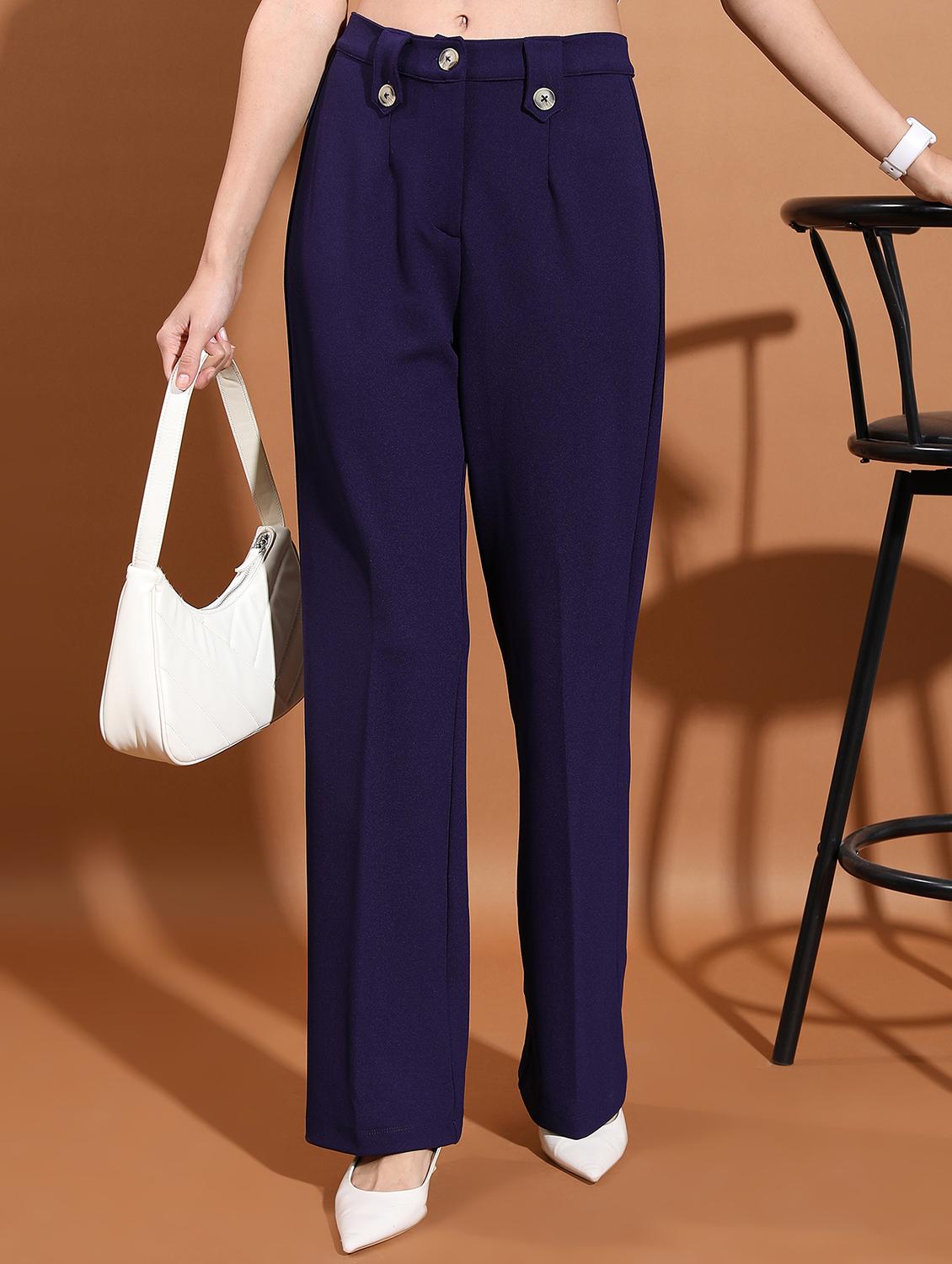 women navy blue solid tailored pant