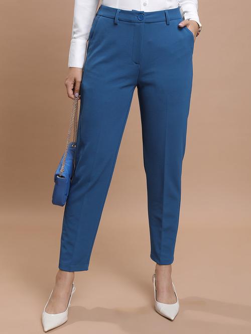women blue solid tailored pant - 21596411 - Standard Image - 0
