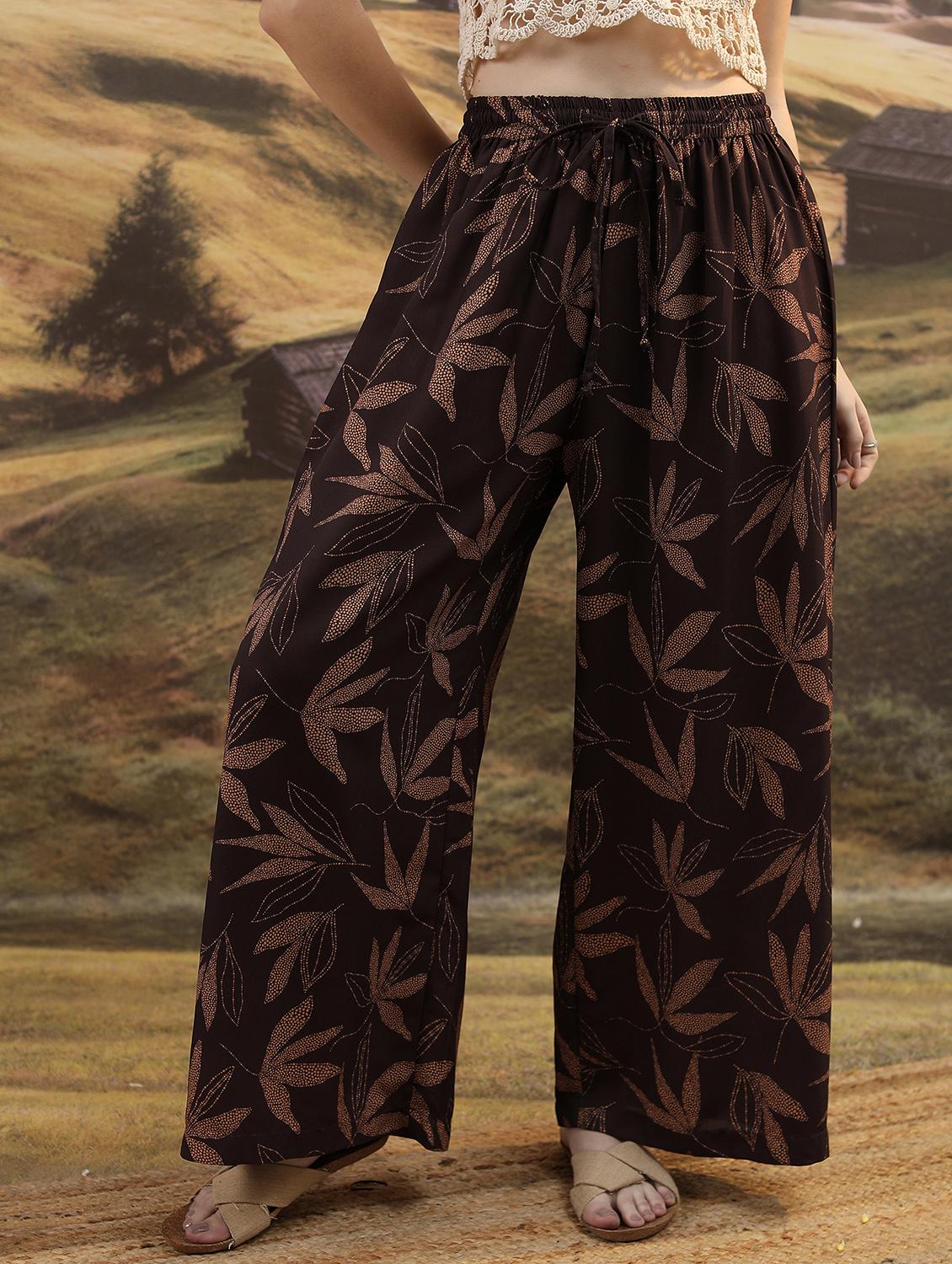 women coffee brown printed wide leg trouser - 21596428 - Zoom Image - 0