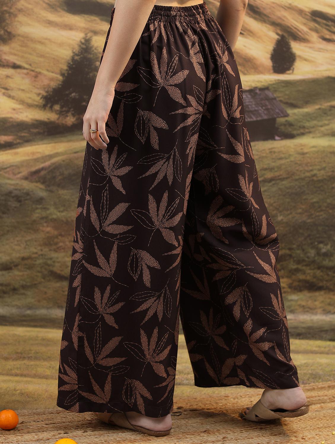 women coffee brown printed wide leg trouser - 21596428 - Standard Image - 3