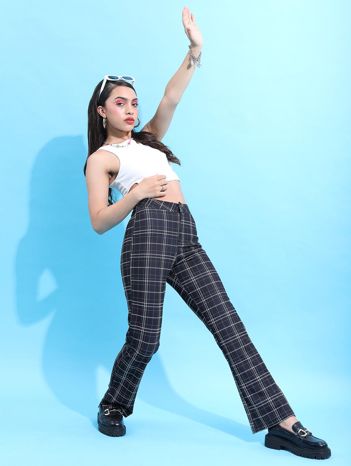 women navy blue checks chinos trouser - 21596438 - Standard Image - 3