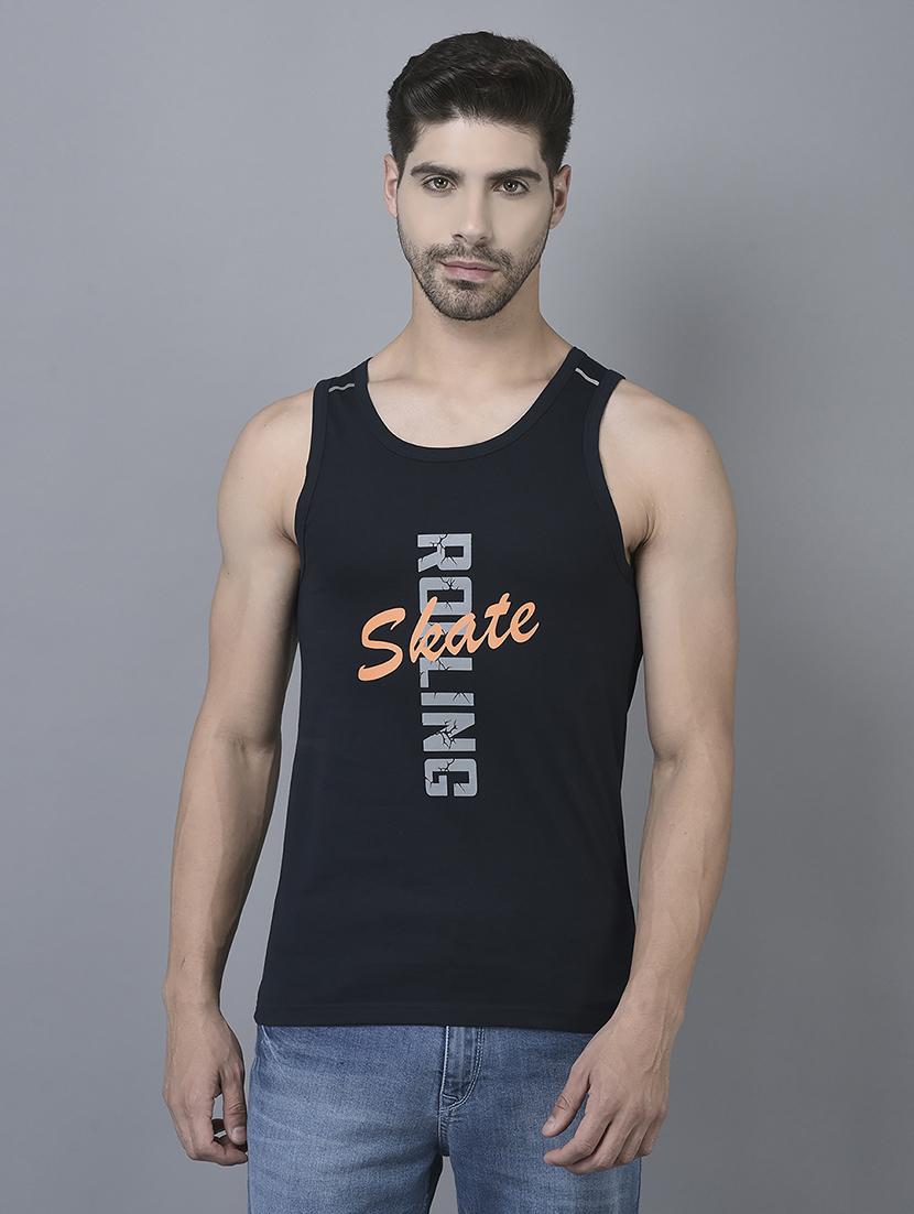 men navy blue ptypographic print vest