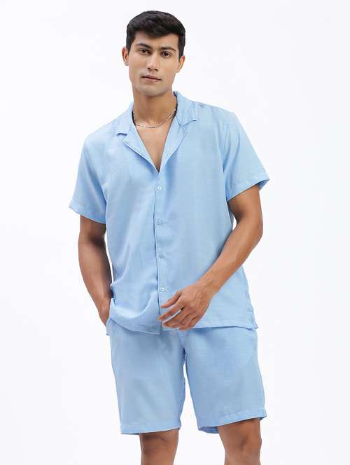 men solid cuban collar short sleeves co-ord set - 21597391 - Standard Image - 0