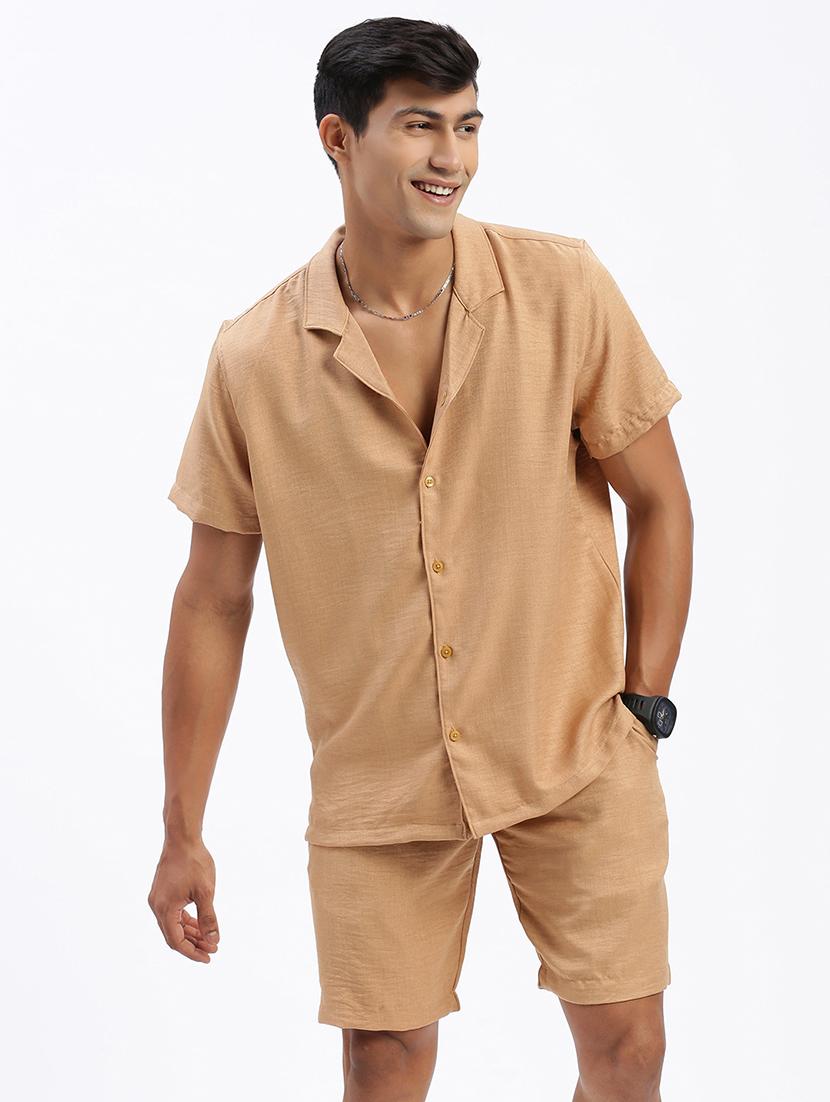 men solid cuban collar short sleeves co-ord set - 21597392 -  Zoom Image - 0