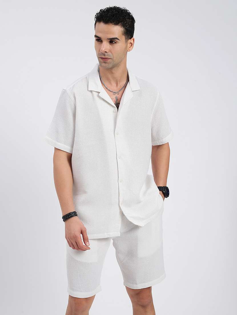 men solid cuban collar short sleeves co-ord set - 21597411 - Zoom Image - 0