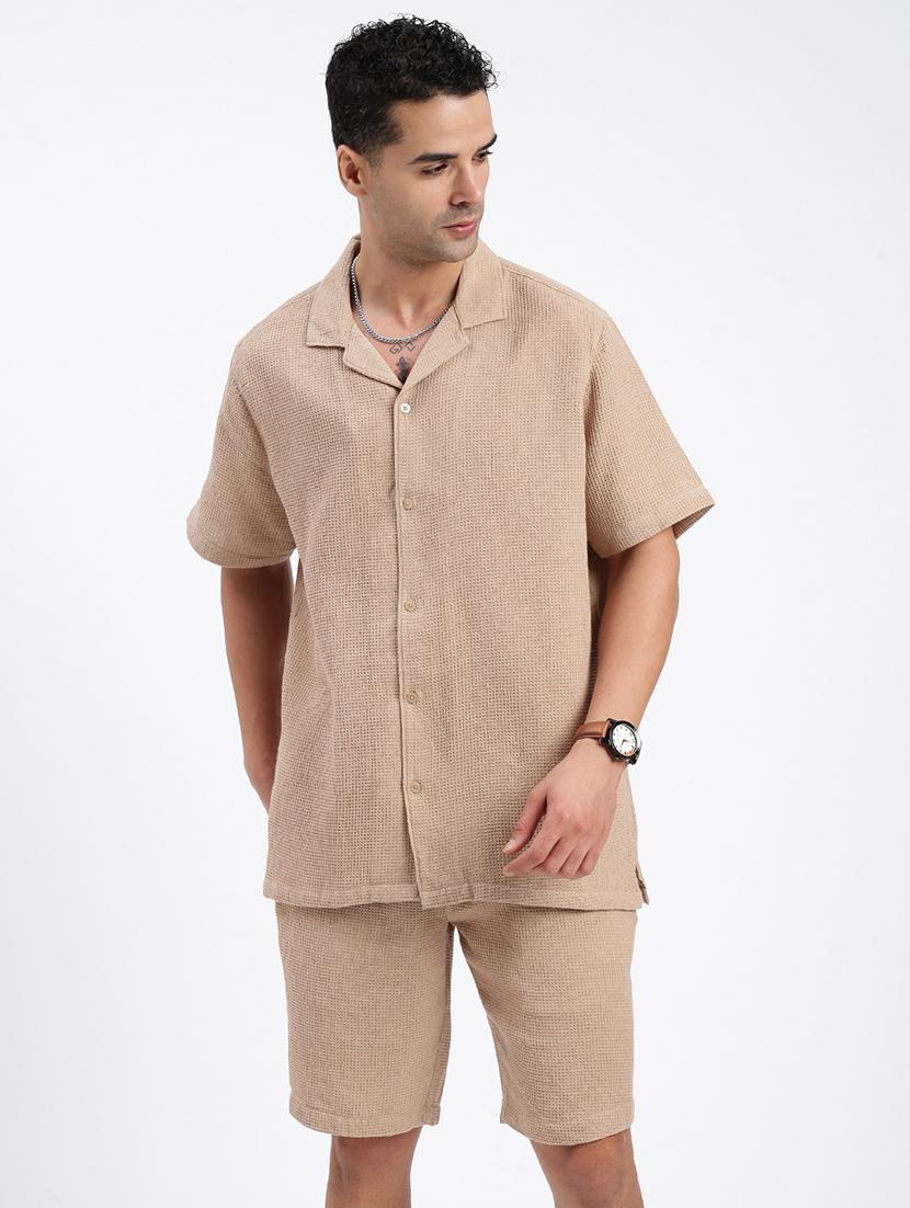 men solid cuban collar short sleeves co-ord set - 21597412 -  Zoom Image - 0