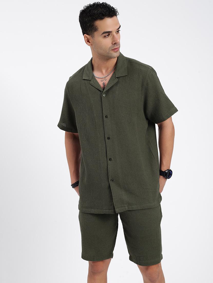 men solid cuban collar short sleeves co-ord set - 21597413 -  Zoom Image - 0