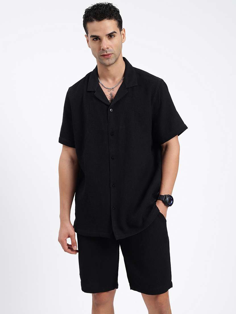 men solid cuban collar short sleeves co-ord set - 21597414 - Zoom Image - 0