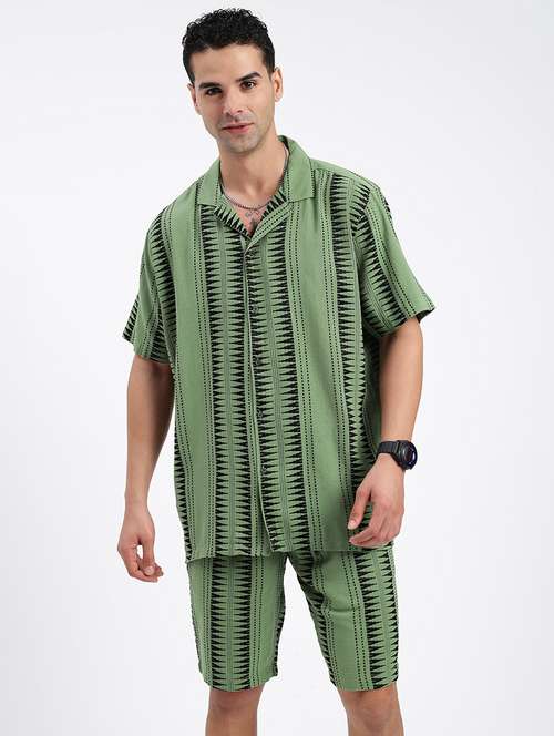 men geometrical cuban collar short sleeves co-ord set - 21597416 -  Standard Image - 0