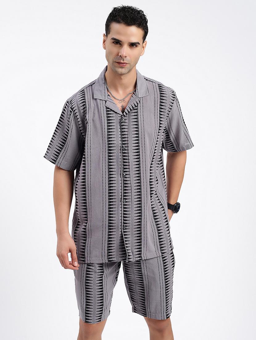 men geometrical cuban collar short sleeves co-ord set - 21597417 - Zoom Image - 0