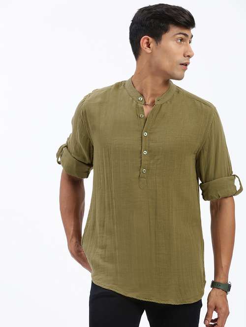 men mandarin neck solid short kurta - 21597440 -  Standard Image - 0