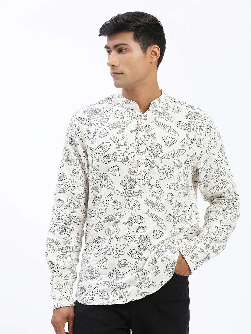 men mandarin neck printed short kurta - 21597447 -  Zoom Image - 0