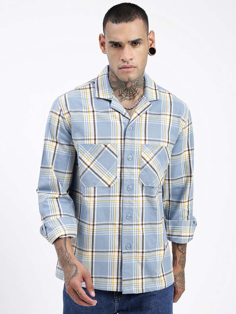 men long sleeves checkered casual shirt