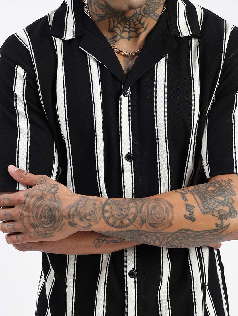 men loose fit striped cuban collar casual shirt - 21597515 -  Standard Image - 5