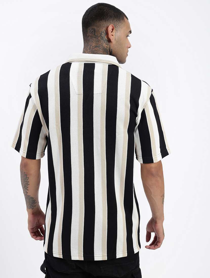 men loose fit striped cuban collar casual shirt - 21597516 -  Standard Image - 3