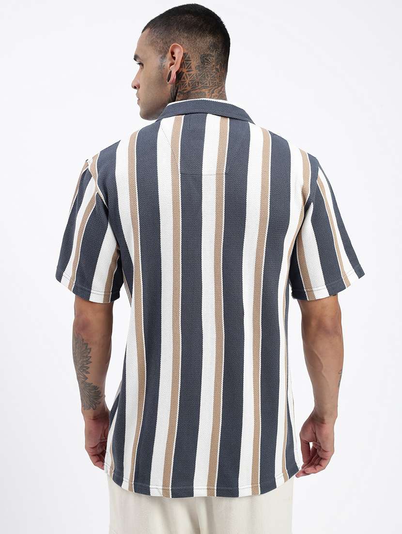 men loose fit striped cuban collar casual shirt - 21597517 -  Standard Image - 3