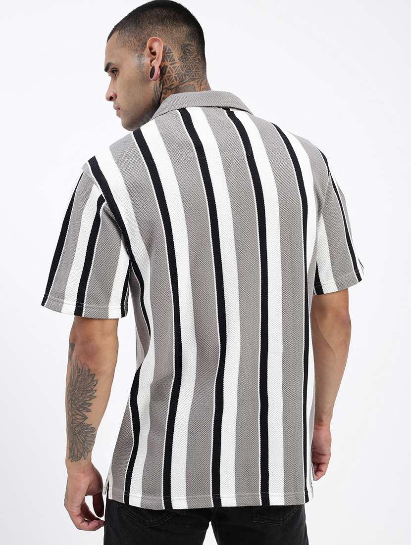 men loose fit striped cuban collar casual shirt - 21597518 -  Standard Image - 3