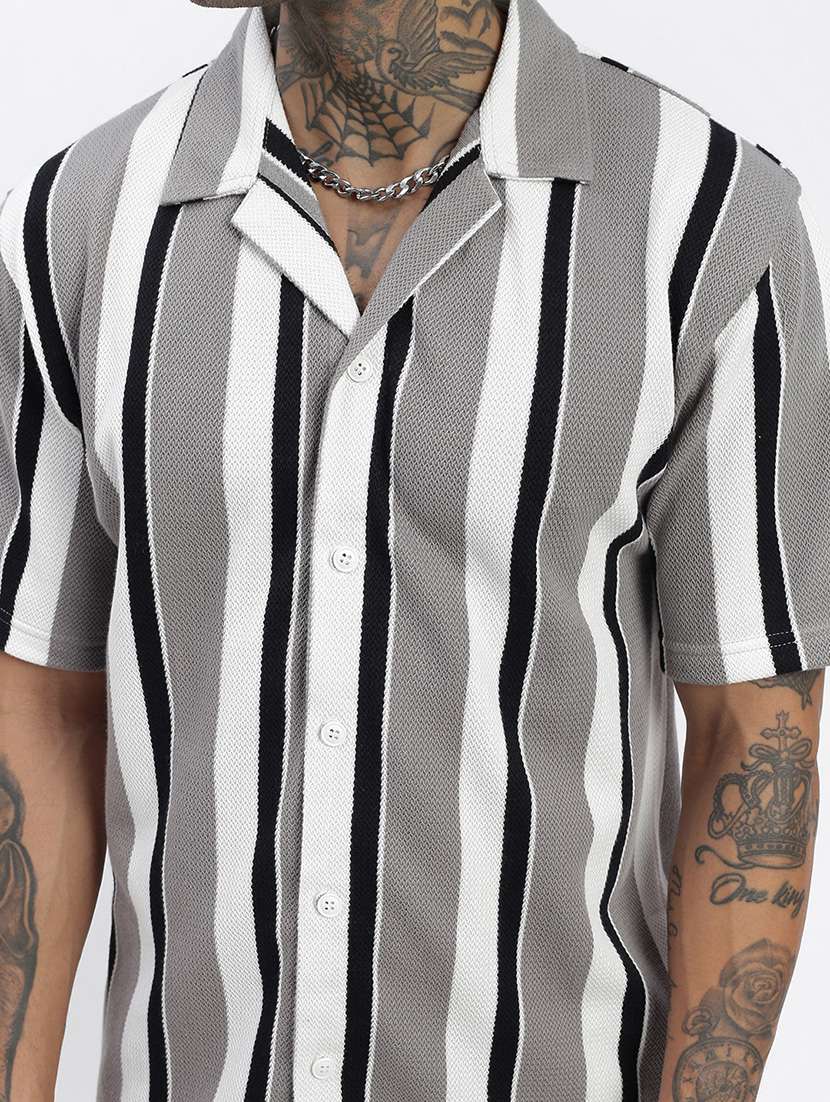 men loose fit striped cuban collar casual shirt - 21597518 -  Standard Image - 5