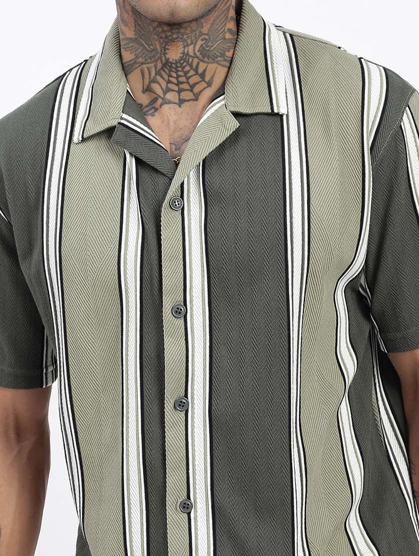 men loose fit striped cuban collar casual shirt - 21597519 -  Standard Image - 5