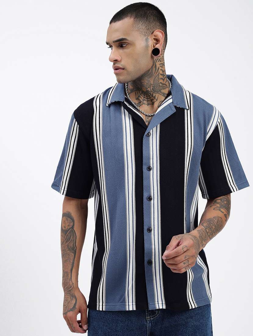 men loose fit striped cuban collar casual shirt