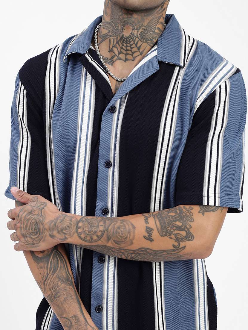 men loose fit striped cuban collar casual shirt - 21597520 -  Standard Image - 5