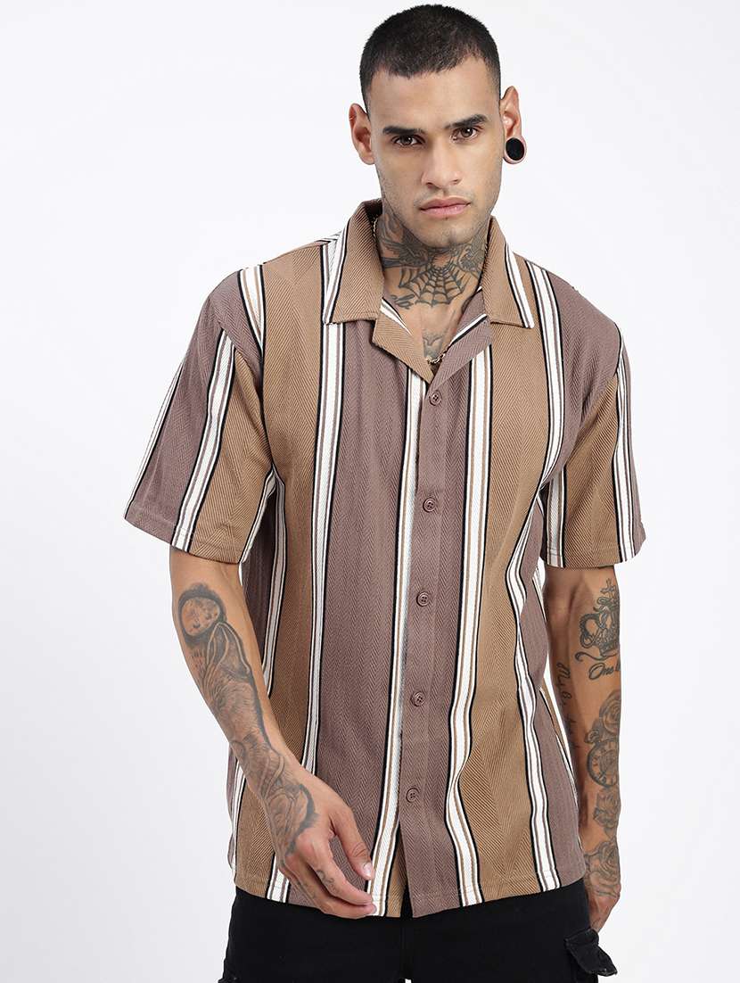 men loose fit striped cuban collar casual shirt
