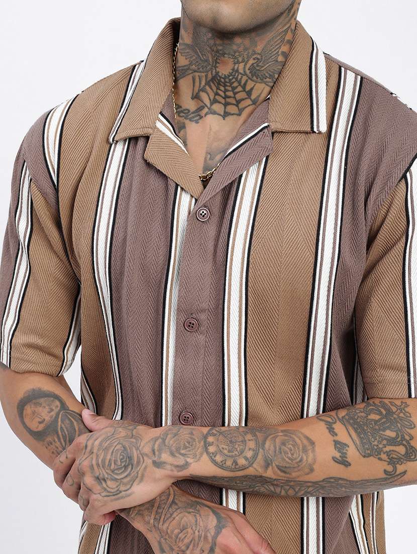 men loose fit striped cuban collar casual shirt - 21597521 -  Standard Image - 5