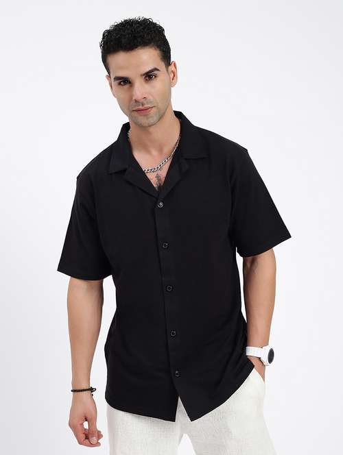 men loose fit solid cuban collar casual shirt - 21597525 - Standard Image - 0