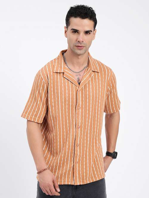 men loose fit striped cuban collar casual shirt - 21597540 -  Standard Image - 0
