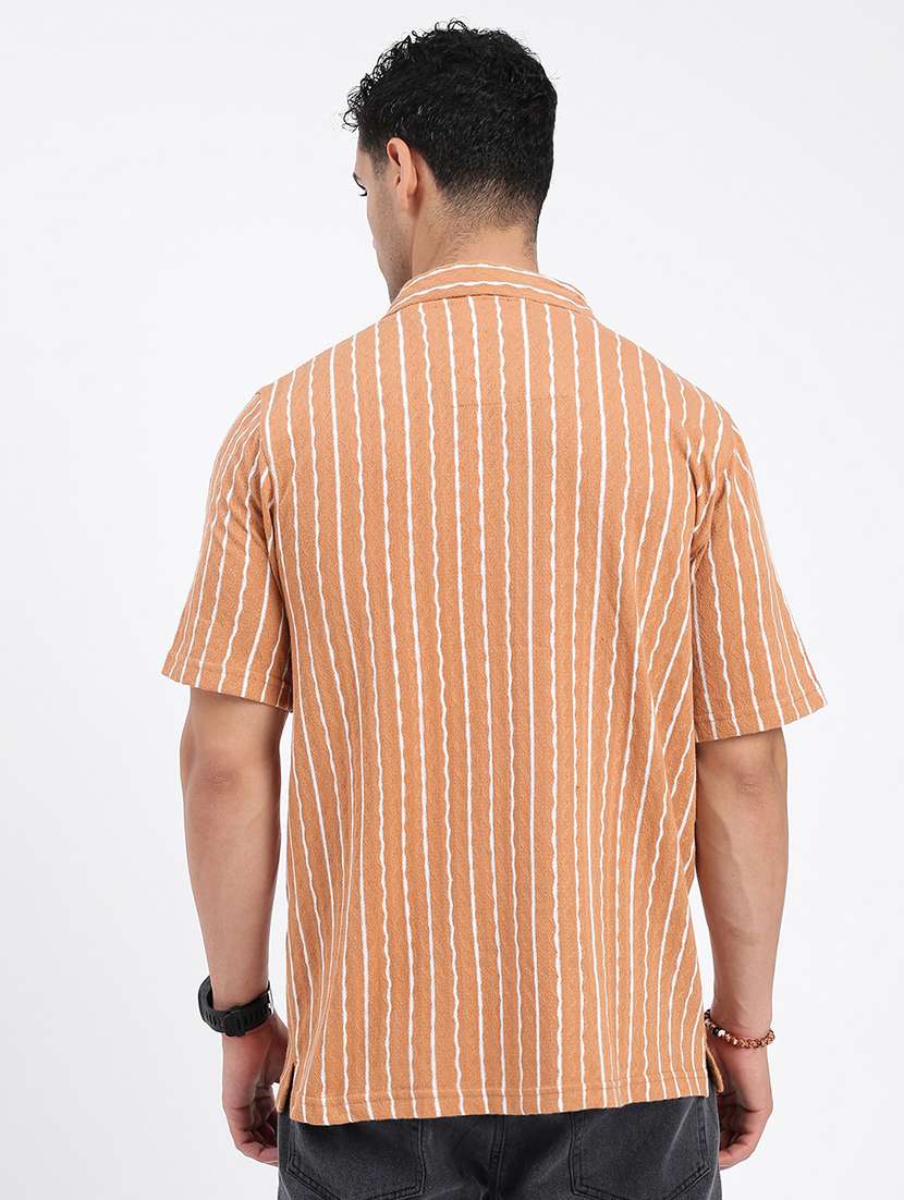 men loose fit striped cuban collar casual shirt - 21597540 -  Standard Image - 3