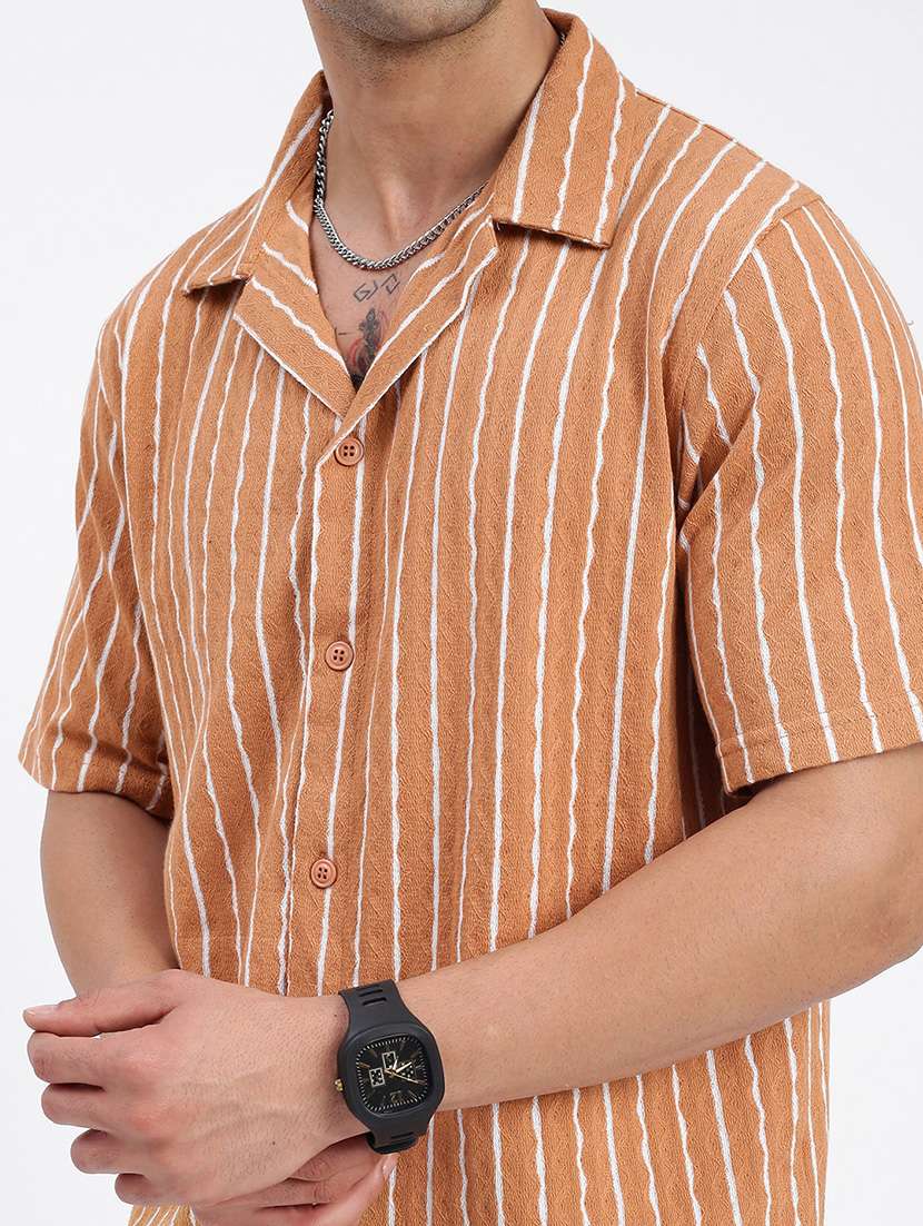 men loose fit striped cuban collar casual shirt - 21597540 -  Standard Image - 5