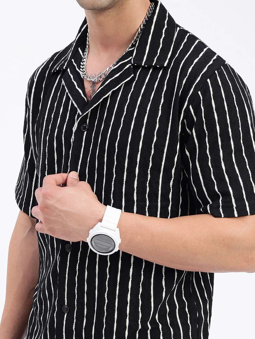men loose fit striped cuban collar casual shirt - 21597541 -  Standard Image - 5