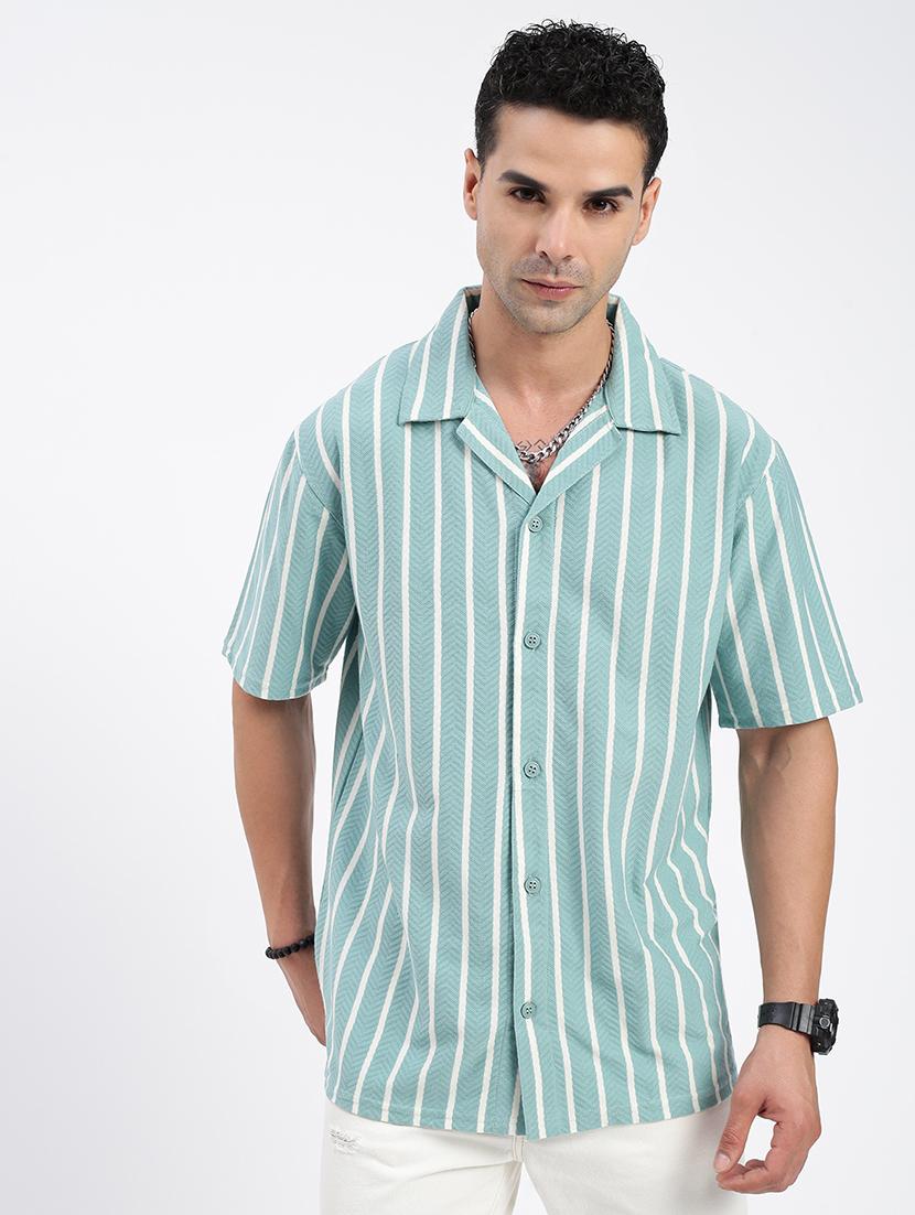 men loose fit striped cuban collar casual shirt - 21597547 - Zoom Image - 0