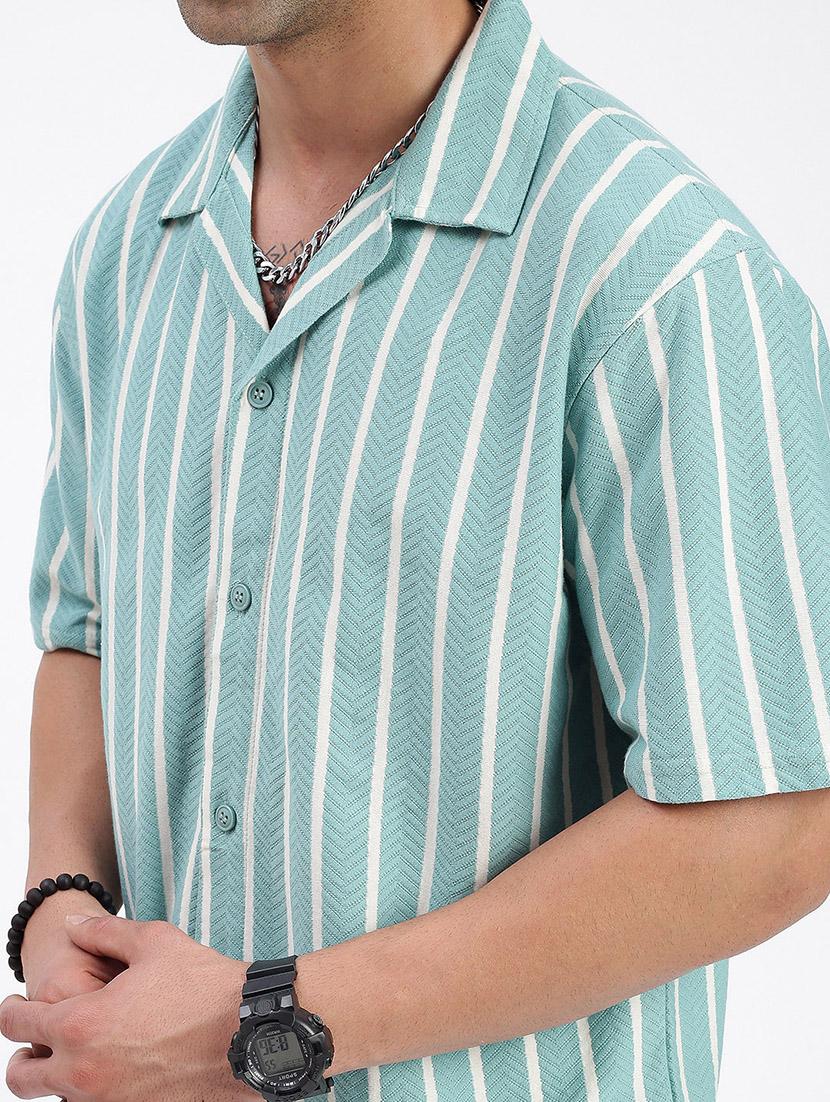 men loose fit striped cuban collar casual shirt - 21597547 - Standard Image - 5