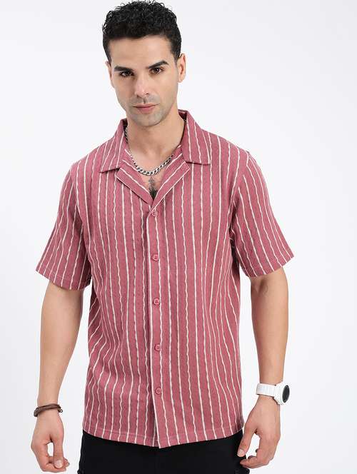 men loose fit striped cuban collar casual shirt - 21597548 -  Standard Image - 0