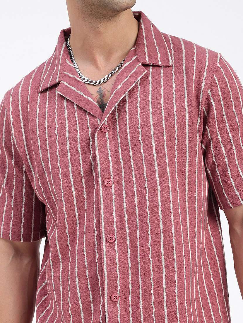 men loose fit striped cuban collar casual shirt - 21597548 -  Standard Image - 5