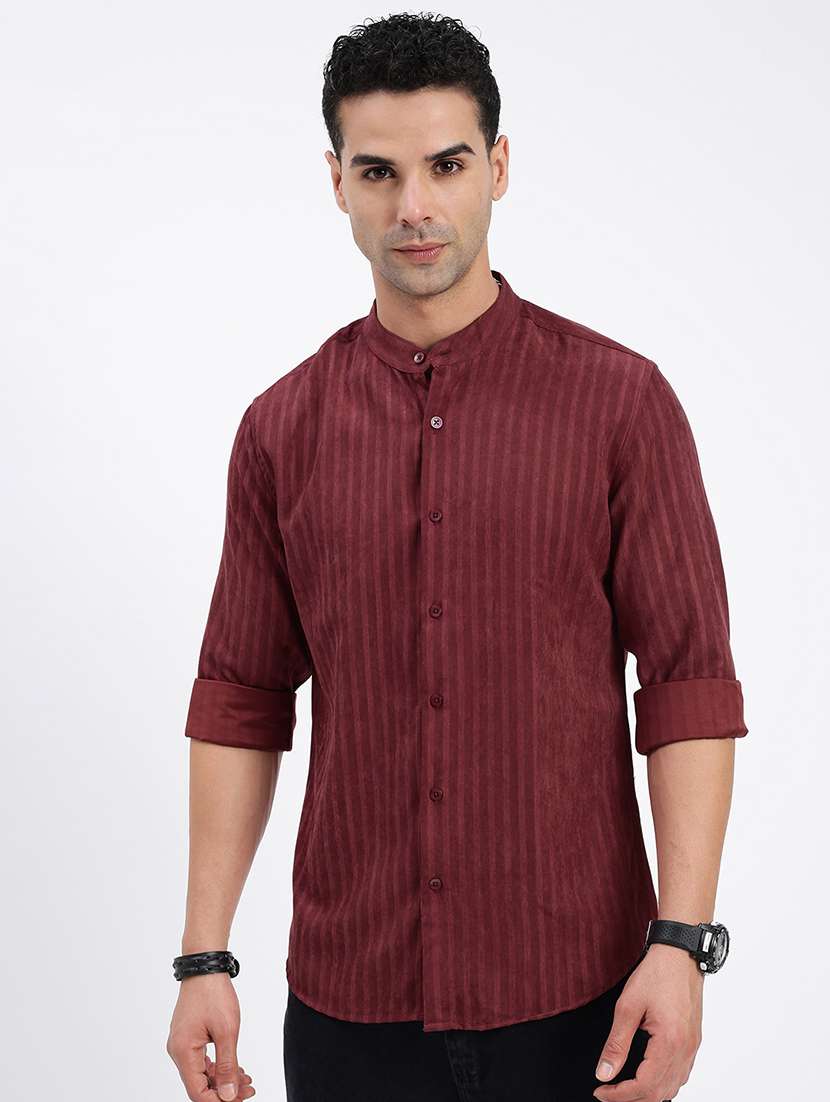 men regular fit striped mandarin neck casual shirt
