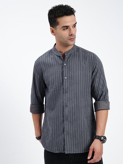 men regular fit striped mandarin neck casual shirt - 21597559 - Standard Image - 0