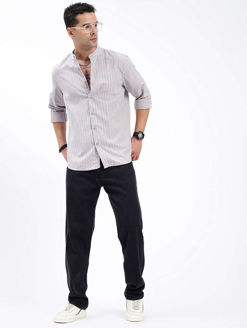 men regular fit striped mandarin neck casual shirt - 21597560 -  Standard Image - 5