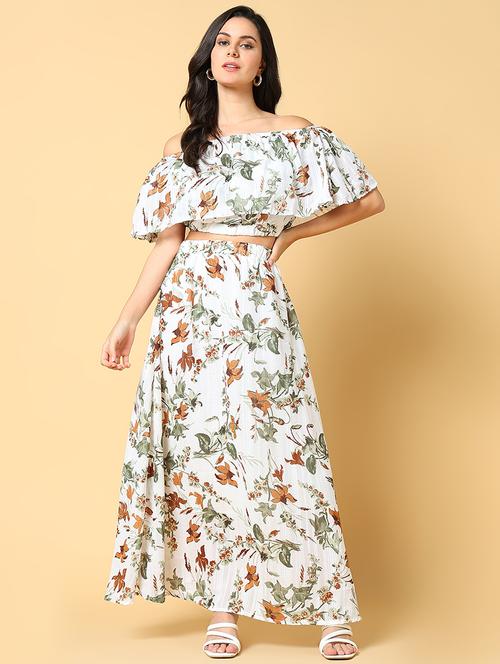 women off-white floral printed top and skirt co-ord set - 21597983 - Standard Image - 0