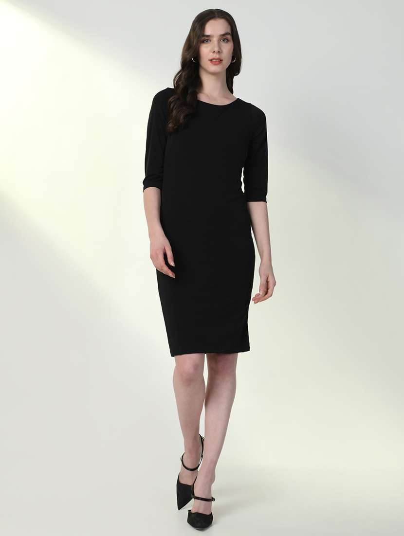 women solid round neck bodycon dress
