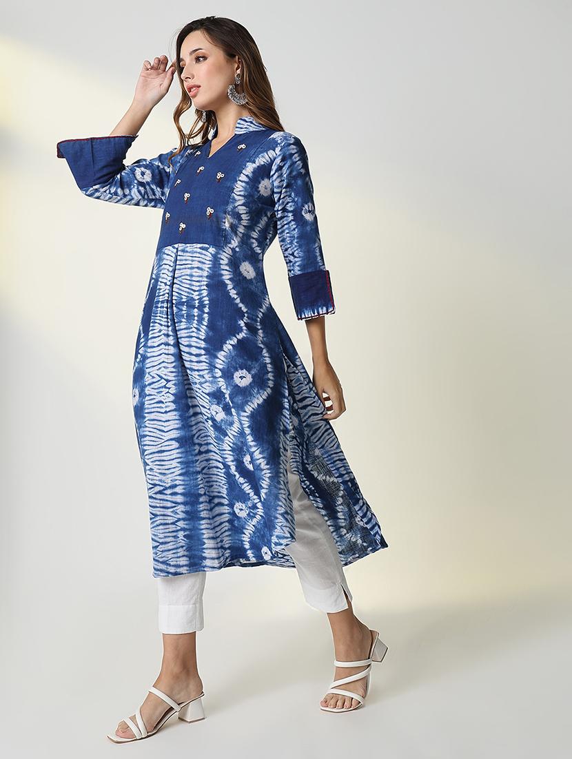 women blue tie & dye a-line kurta - 21598043 - Standard Image - 3