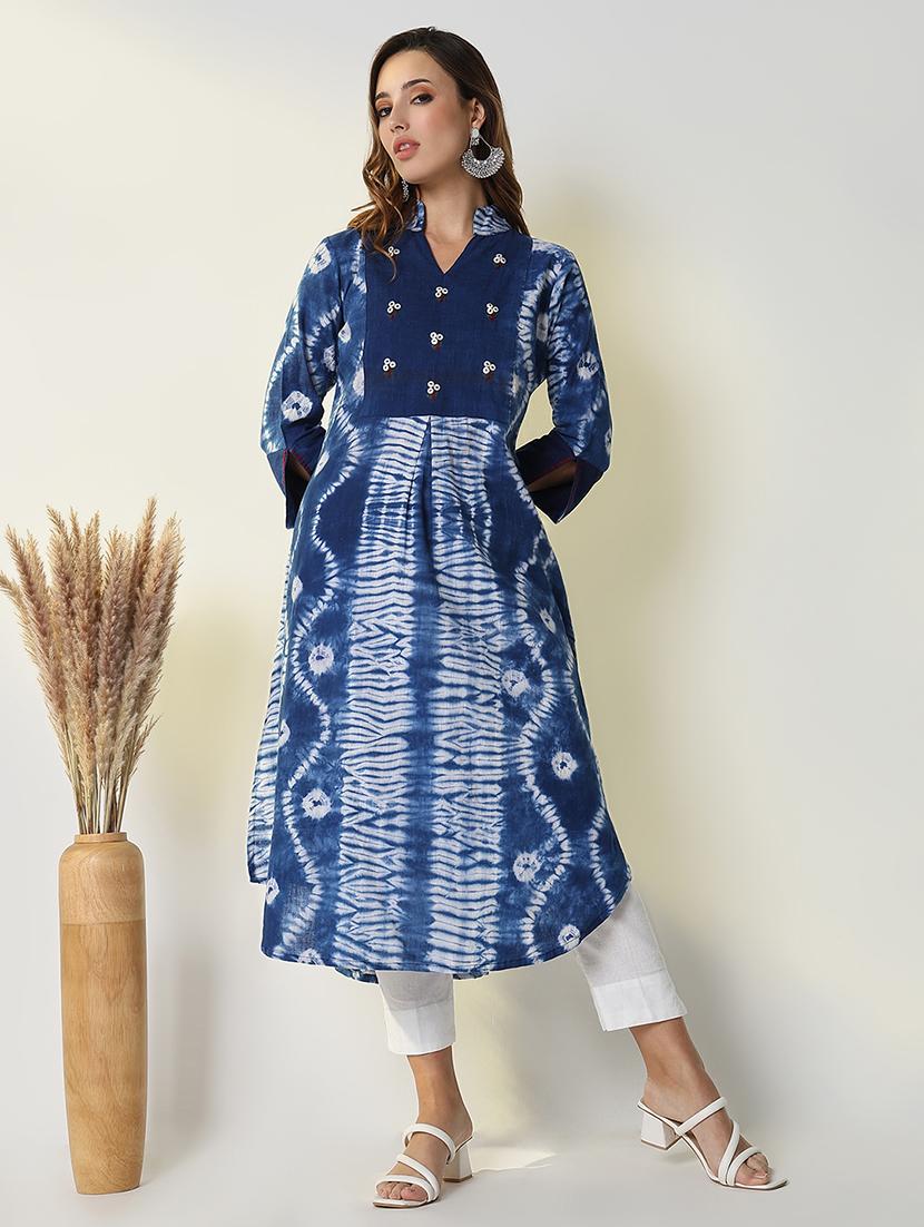women blue tie & dye a-line kurta - 21598043 - Standard Image - 5