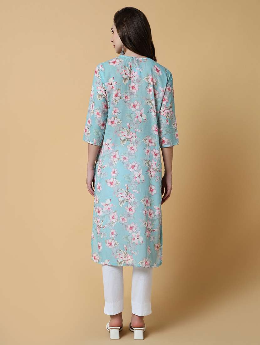 women light blue floral straight kurta - 21598044 -  Standard Image - 3
