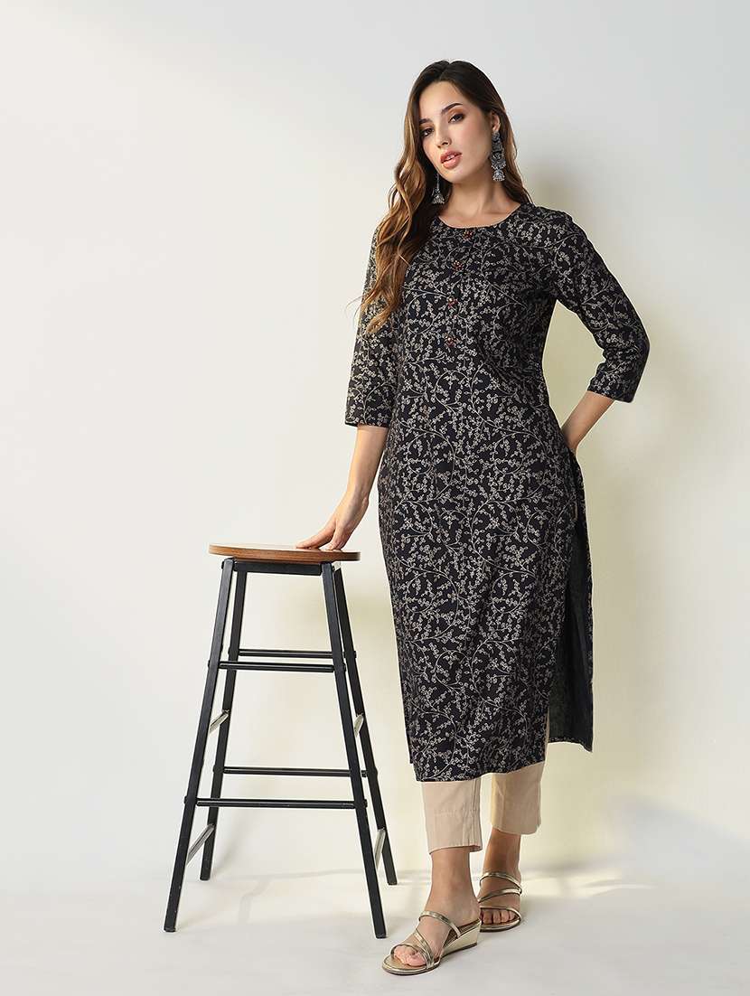 women navy blue printed round neck straight kurta