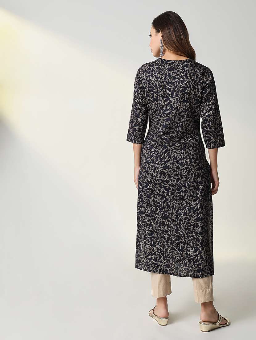 women navy blue printed round neck straight kurta - 21598053 -  Standard Image - 3