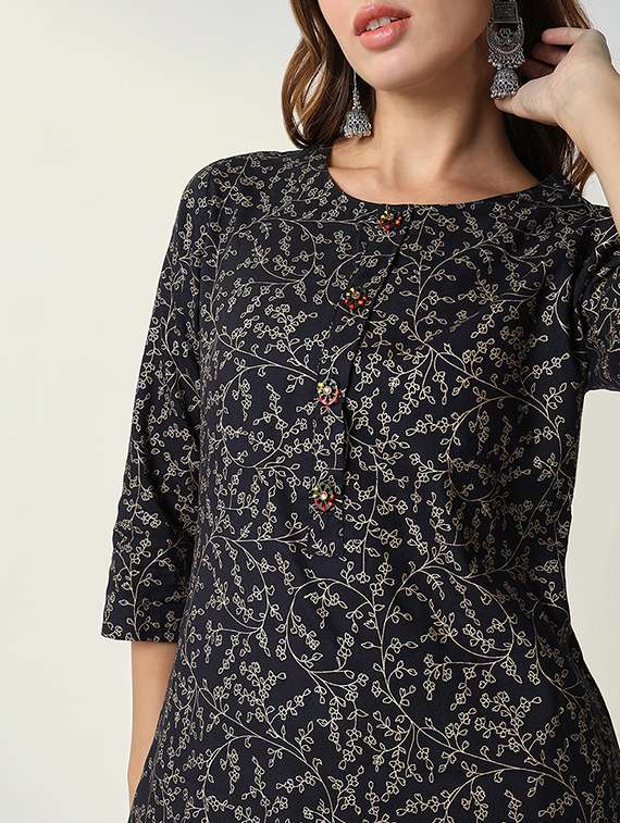 women navy blue printed round neck straight kurta - 21598053 -  Standard Image - 5